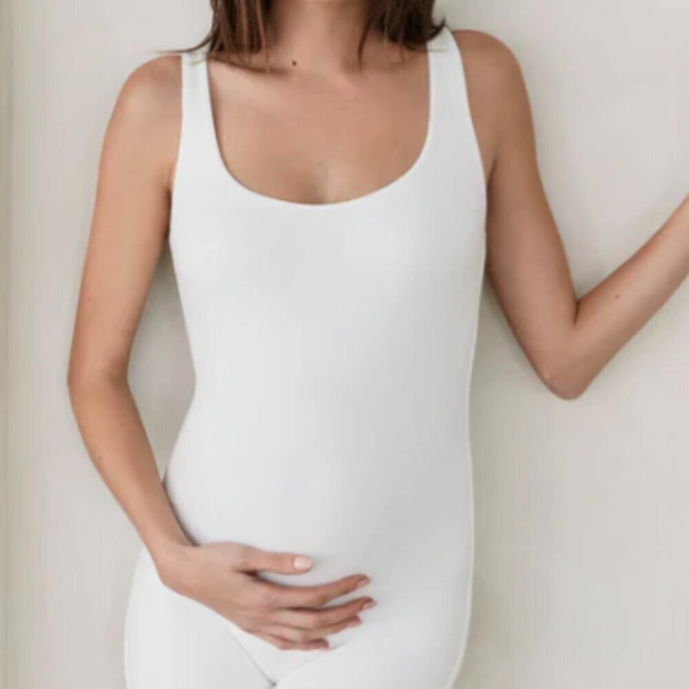 The Cindy Bumpsuit in Ivory | Soft Stretchy Maternity Bike Short Romper - Picture 2 of 5